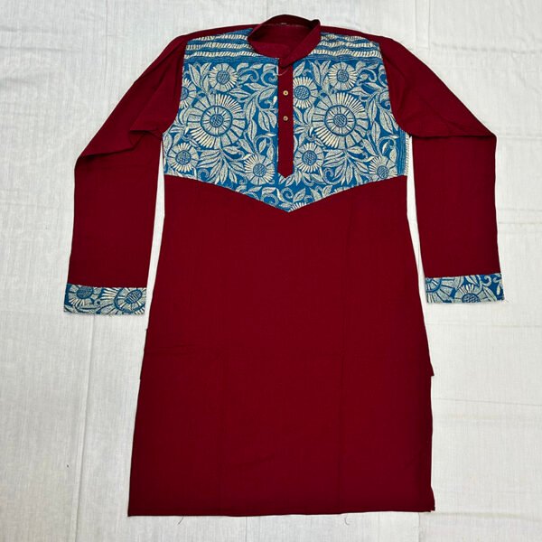 Hand-Stitched Kantha Work Kurta for Men | 100% Khadi Cotton | Floral Design on Red | K2