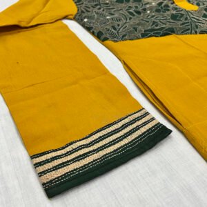 Hand-Stitched Kantha Work Kurta for Men | 100% Khadi Cotton | Yellow-Greenish floral-leaf design | K4
