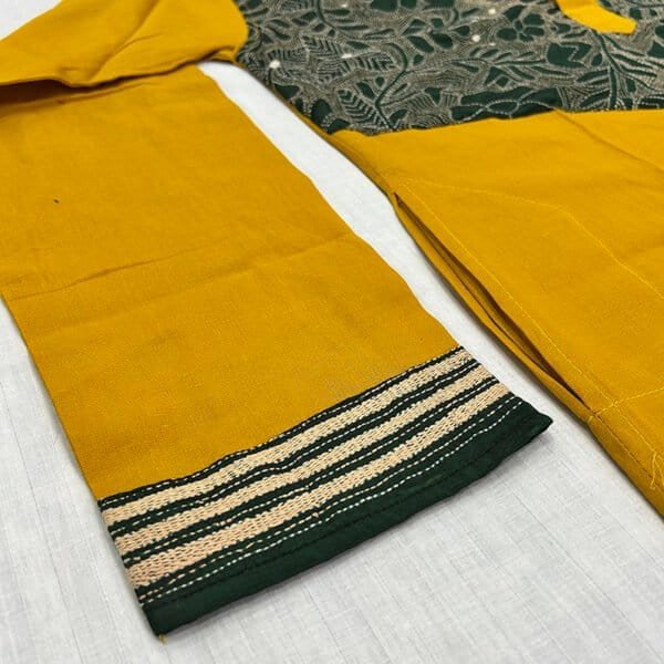 Hand-Stitched Kantha Work Kurta for Men | 100% Khadi Cotton | Yellow-Greenish floral-leaf design | K4 - Image 2