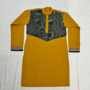 Hand-Stitched Kantha Work Kurta for Men | 100% Khadi Cotton | Yellow-Greenish floral-leaf design | K4