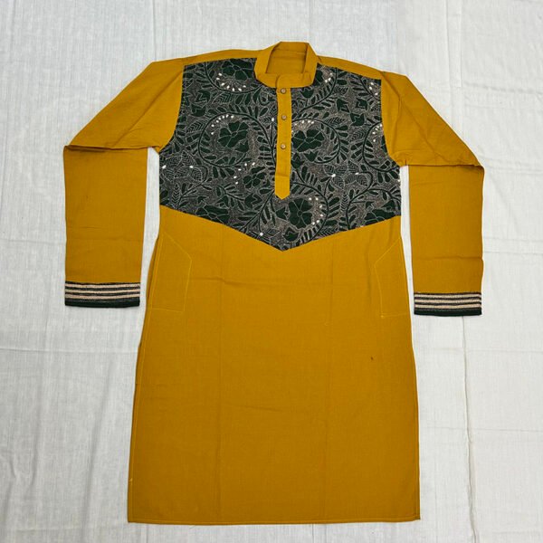 Hand-Stitched Kantha Work Kurta for Men | 100% Khadi Cotton | Yellow-Greenish floral-leaf design | K4