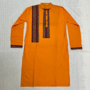 Hand-Stitched Kantha Work Kurta for Men | 100% Khadi Cotton | Gerua with Traditional design stripes | K5