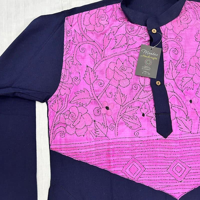 Hand-Stitched Kantha Work Kurta for Men | 100% Khadi Cotton | Blue and Pink | K1 4 Hand-Stitched Kantha Work Kurta for Men | 100% Khadi Cotton | Blue and Pink | K1 - Image 3
