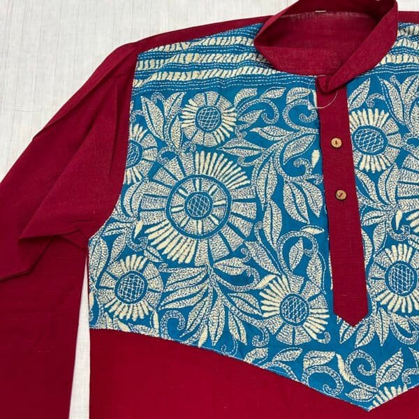 Hand-Stitched Kantha Work Kurta for Men | 100% Khadi Cotton | Floral Design on Red | K2 - Image 3
