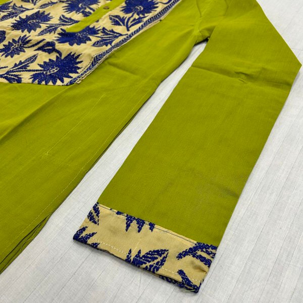 Hand-Stitched Kantha Work Kurta for Men | 100% Khadi Cotton | Blue and Yellow Flower Design On Leaf Green | K8 - Image 3