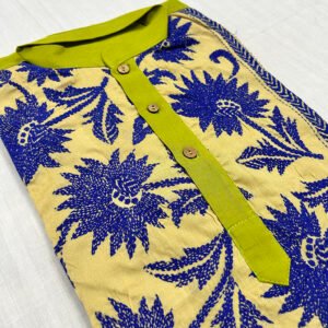 Hand-Stitched Kantha Work Kurta for Men | 100% Khadi Cotton | Blue and Yellow Flower Design On Leaf Green | K8