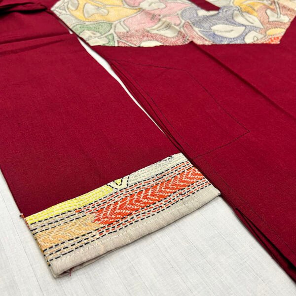 Hand-Stitched Kantha Work Kurta for Men | 100% Khadi Cotton | Red Floral pattern | K7 - Image 3