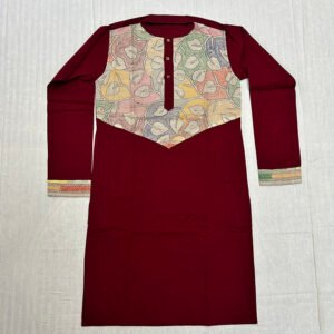 Hand-Stitched Kantha Work Kurta for Men | 100% Khadi Cotton | Red Floral pattern | K7