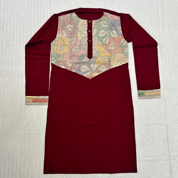Hand-Stitched Kantha Work Kurta for Men | 100% Khadi Cotton | Red Floral pattern | K7