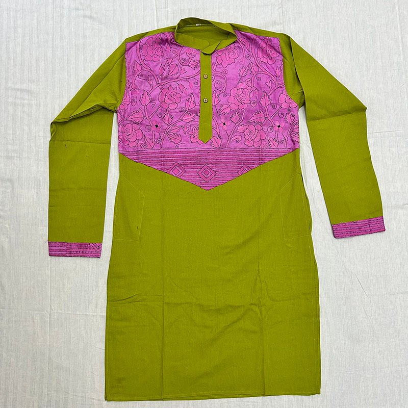Hand-Stitched Kantha Work Kurta for Men | 100% Khadi Cotton | Pink pattern on Leaf green | K6 4 Hand-Stitched Kantha Work Kurta for Men | 100% Khadi Cotton | Pink pattern on Leaf green | K6 - Image 2