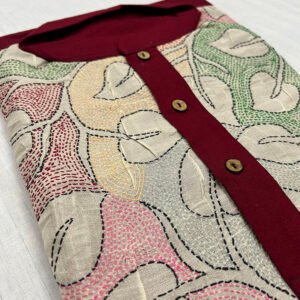 Hand-Stitched Kantha Work Kurta for Men | 100% Khadi Cotton | Red Floral pattern | K7