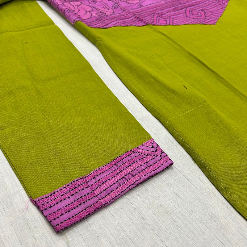 Hand-Stitched Kantha Work Kurta for Men | 100% Khadi Cotton | Pink pattern on Leaf green | K6 5 Hand-Stitched Kantha Work Kurta for Men | 100% Khadi Cotton | Pink pattern on Leaf green | K6 - Image 3