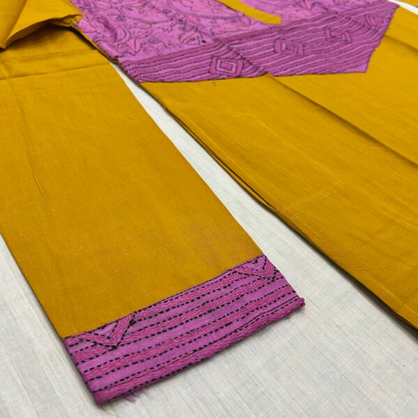 Hand-Stitched Kantha Work Kurta for Men | 100% Khadi Cotton | Gerua color with pink stripe pattern | K10 - Image 3