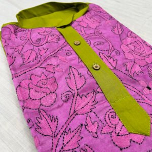 Hand-Stitched Kantha Work Kurta for Men | 100% Khadi Cotton | Pink pattern on Leaf green | K6