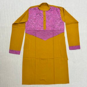 Hand-Stitched Kantha Work Kurta for Men | 100% Khadi Cotton | Gerua color with pink stripe pattern | K10
