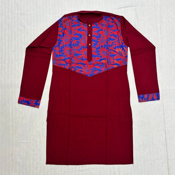 Hand-Stitched Kantha Work Kurta for Men | 100% Khadi Cotton | Red and Blue flower patterns | K9