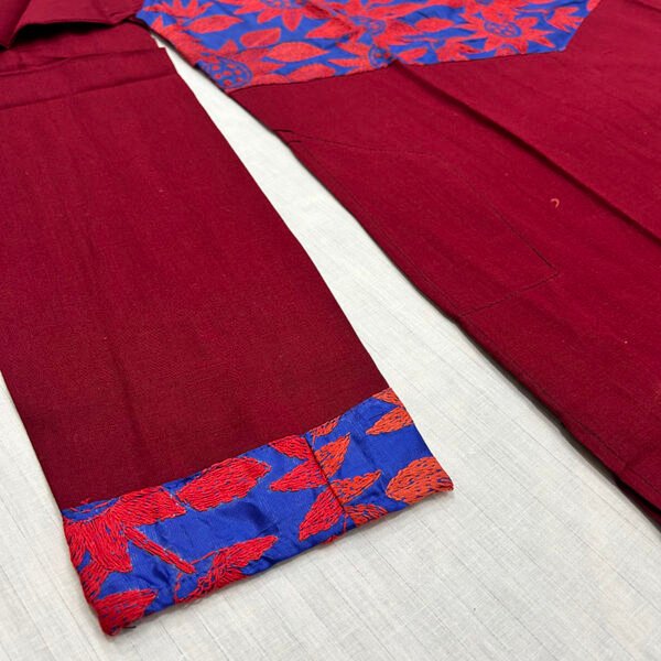 Hand-Stitched Kantha Work Kurta for Men | 100% Khadi Cotton | Red and Blue flower patterns | K9 - Image 3