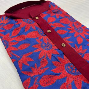 Hand-Stitched Kantha Work Kurta for Men | 100% Khadi Cotton | Red and Blue flower patterns | K9
