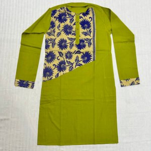 Hand-Stitched Kantha Work Kurta for Men | 100% Khadi Cotton | Blue and Yellow Flower Design On Leaf Green | K8