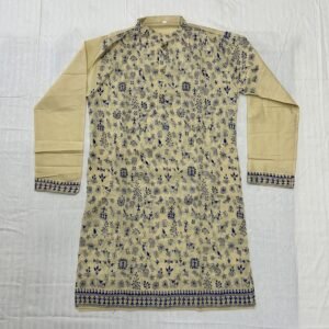 Hand-Stitched Kantha Work Kurta for Men | 100%  Tussar silk | Premium off white with blue tribal art design | K13