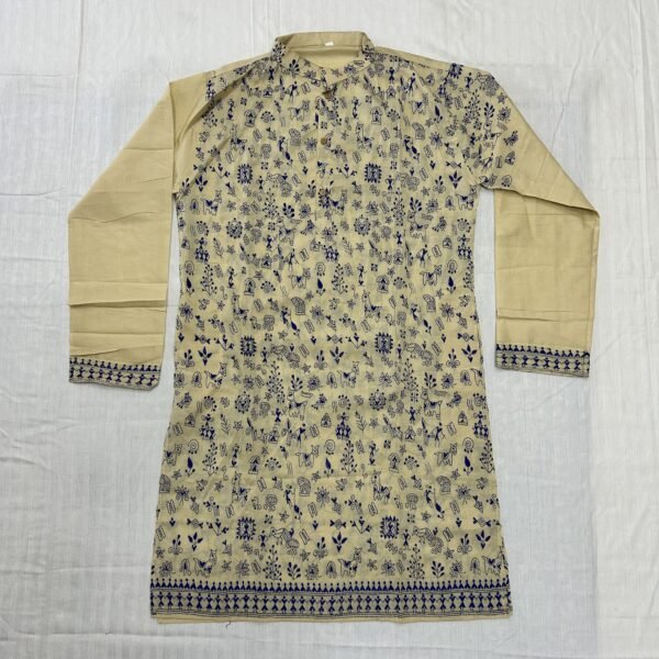 Hand-Stitched Kantha Work Kurta for Men | 100%  Tussar silk | Premium off white with blue tribal art design | K13
