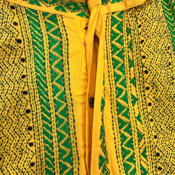 Hand-Stitched Kantha Work Kurta for Men | 100% Khadi Cotton | Classy Yellow Green Design | K11 - Image 2
