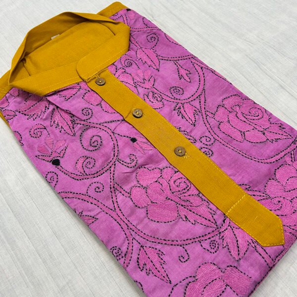 Hand-Stitched Kantha Work Kurta for Men | 100% Khadi Cotton | Gerua color with pink stripe pattern | K10 - Image 2