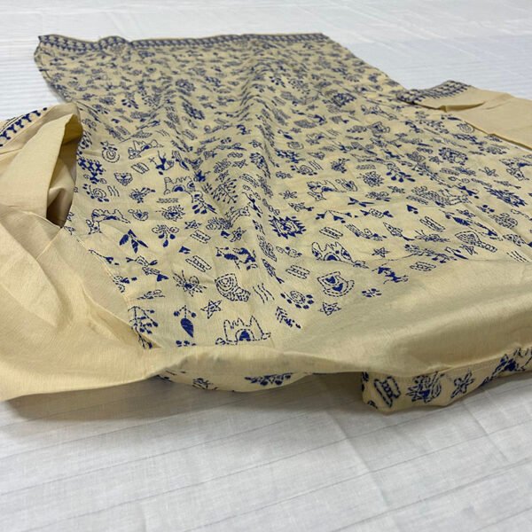 Hand-Stitched Kantha Work Kurta for Men | 100%  Tussar silk | Premium off white with blue tribal art design | K13 - Image 4
