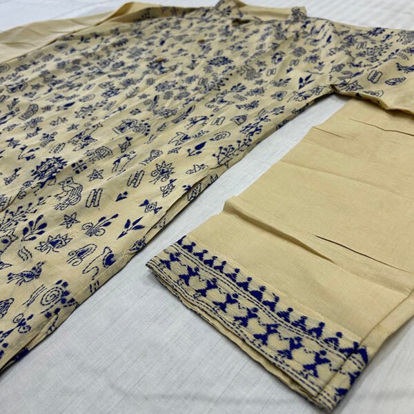 Hand-Stitched Kantha Work Kurta for Men | 100%  Tussar silk | Premium off white with blue tribal art design | K13 - Image 3