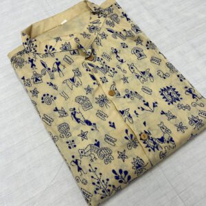 Hand-Stitched Kantha Work Kurta for Men | 100%  Tussar silk | Premium off white with blue tribal art design | K13