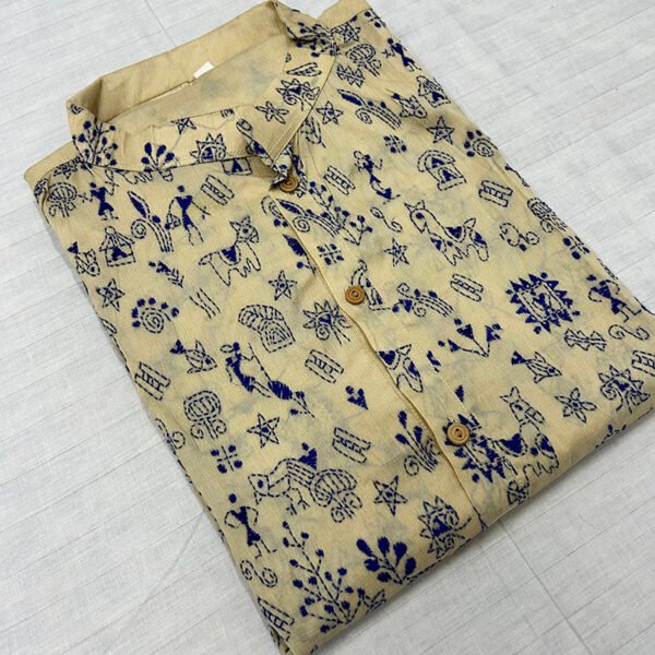 Hand-Stitched Kantha Work Kurta for Men | 100%  Tussar silk | Premium off white with blue tribal art design | K13 - Image 2