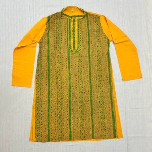 Hand-Stitched Kantha Work Kurta for Men | 100% Khadi Cotton | Classy Yellow Green Design | K11