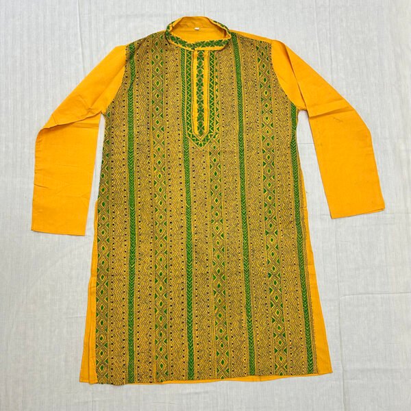 Hand-Stitched Kantha Work Kurta for Men | 100% Khadi Cotton | Classy Yellow Green Design | K11