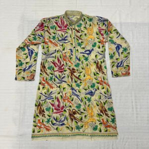 Hand-Stitched Full Body Kantha Work Kurta for Men | 100%  Tussar silk | Premium Yellow with blue multicolor stitching design | K14
