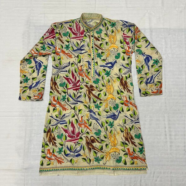 Hand-Stitched Full Body Kantha Work Kurta for Men | 100%  Tussar silk | Premium Yellow with blue multicolor stitching design | K14