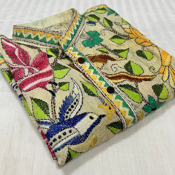 Hand-Stitched Full Body Kantha Work Kurta for Men | 100%  Tussar silk | Premium Yellow with blue multicolor stitching design | K14 - Image 3
