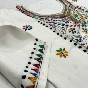 Kantha Work Hand Stitch for Women  | Soft white Kurti with multicolor flower Pattern art | K10