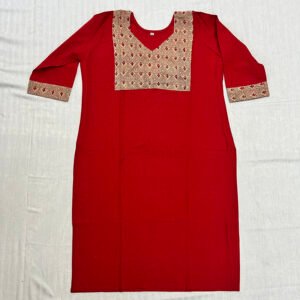 Kantha Work Hand Stitch for Women | 100 % Khadi cotton | Red Kurti with Pattern art | K6