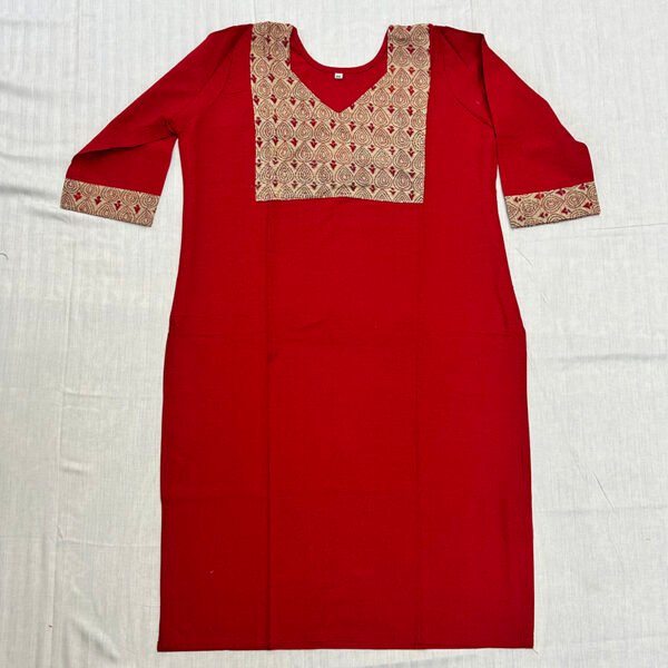 Kantha Work Hand Stitch for Women | 100 % Khadi cotton | Red Kurti with Pattern art | K6