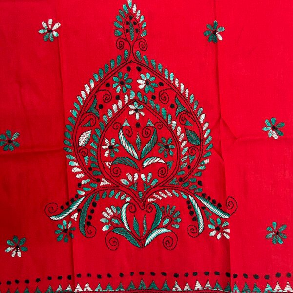 Kantha Work Hand Stitch for Women | 100 % Khadi cotton | Red Kurti with flower Pattern art | K7 - Image 3