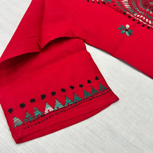 Kantha Work Hand Stitch for Women | 100 % Khadi cotton | Red Kurti with flower Pattern art | K7 - Image 4