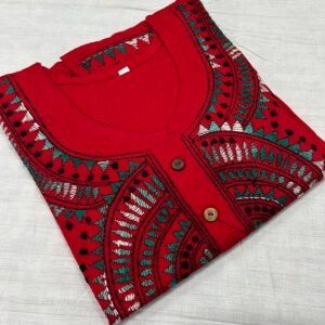Kantha Work Hand Stitch for Women | 100 % Khadi cotton | Red Kurti with flower Pattern art | K7