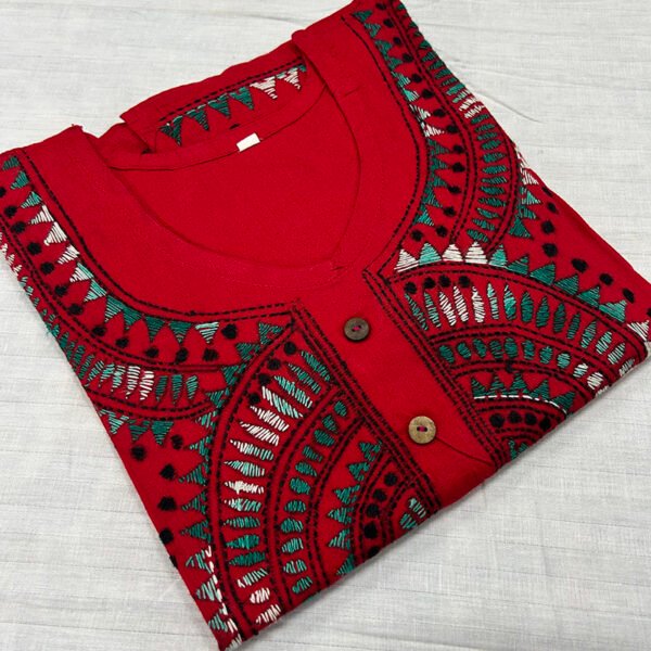 Kantha Work Hand Stitch for Women | 100 % Khadi cotton | Red Kurti with flower Pattern art | K7 - Image 2