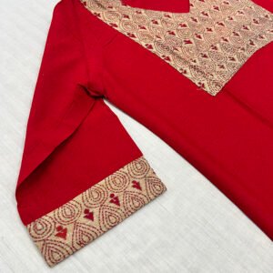 Kantha Work Hand Stitch for Women | 100 % Khadi cotton | Red Kurti with Pattern art | K6