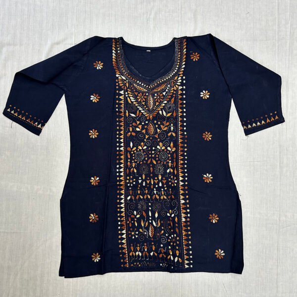 Kantha Work Hand Stitch for Women | 100 % Khadi cotton | Deep Blue Kurti with Pattern art | K9