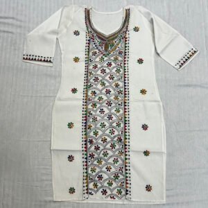 Kantha Work Hand Stitch for Women  | Soft white Kurti with multicolor flower Pattern art | K10