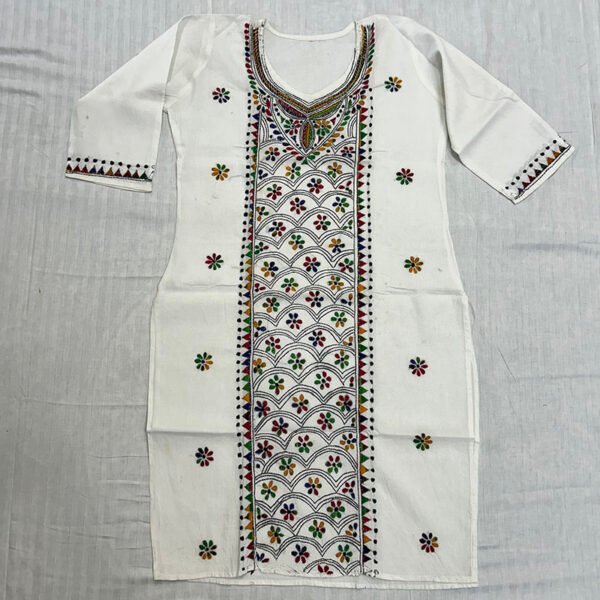 Kantha Work Hand Stitch for Women  | Soft white Kurti with multicolor flower Pattern art | K10