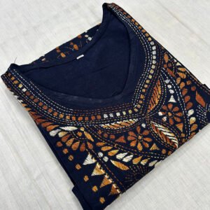 Kantha Work Hand Stitch for Women | 100 % Khadi cotton | Deep Blue Kurti with Pattern art | K9