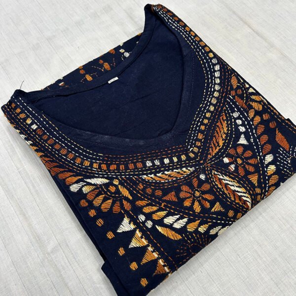 Kantha Work Hand Stitch for Women | 100 % Khadi cotton | Deep Blue Kurti with Pattern art | K9 - Image 2