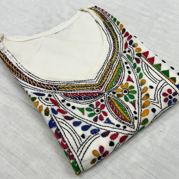 Kantha Work Hand Stitch for Women  | Soft white Kurti with multicolor flower Pattern art | K10 - Image 3